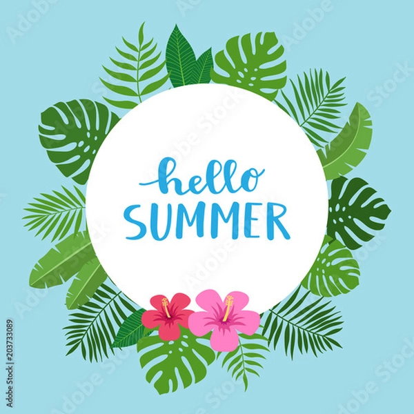 Fototapeta Design frame for your text with tropical exotic leaves and flowers of hibiscus. Hello summer lettering. Hawaiian style. Perfect for invitation, poster, banner etc. Vector illustration