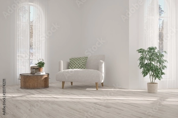 Fototapeta Inspiration of white minimalist room with armchair. Scandinavian interior design. 3D illustration
