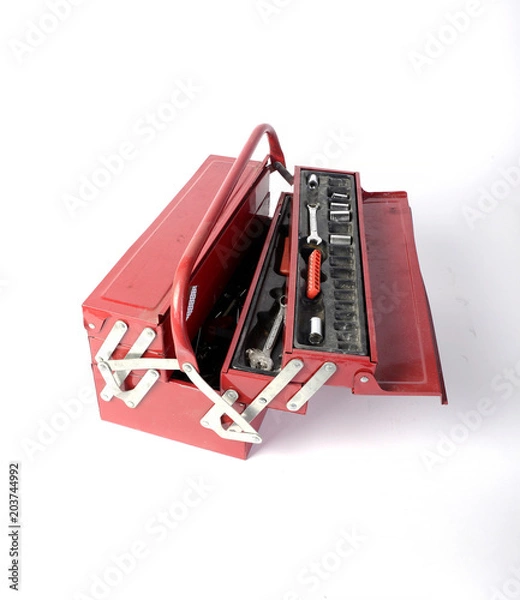 Obraz old dirty red box with tools on white background isolated