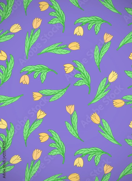 Fototapeta Vertical card with cute cartoon yellow flowers, tulips on violet background.