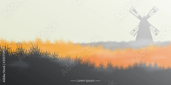 Obraz Wiejski krajobraz z wiatrakiem. Ilustracji wektorowych