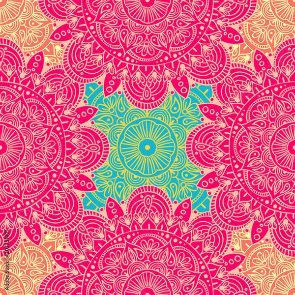 Obraz Seamless ethnic pattern with floral motives. Mandala stylized print template for fabric and paper. Boho chic design. Summer fashion.