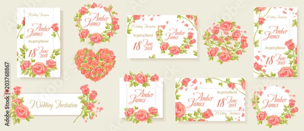 Fototapeta Rose flowers white invitation set vector. Wedding decor, card, banner, Heart of roses. Frame of flowers wreath. Rose petals.