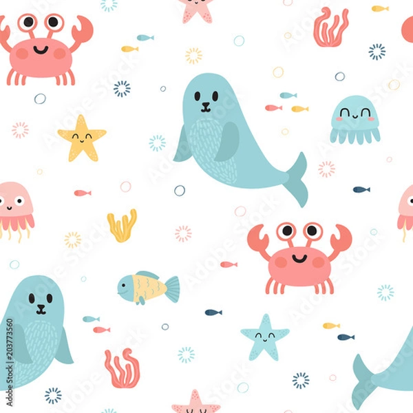 Fototapeta Seamless pattern with sea animals. Fish, starfish, jellyfish, seaweeds and seal. Childish texture for fabric or textile. Kids background