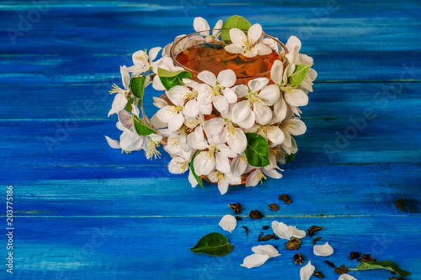 Fototapeta A cup of flower tea, decorated with apple blossoms lies on a blue wooden table. Concept of spring drink. Copy cpace for text.
