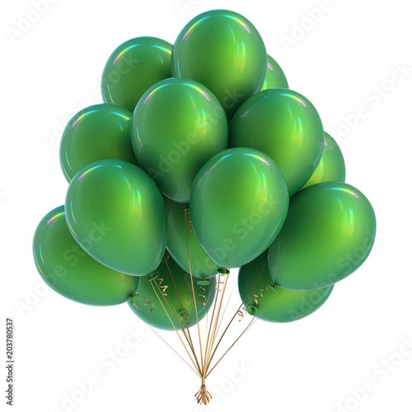 Obraz Dekoracja urodzinowa zielonych balonów. Wesołych świąt wiązanka klasycznych balonów. Ilustracja na białym tle