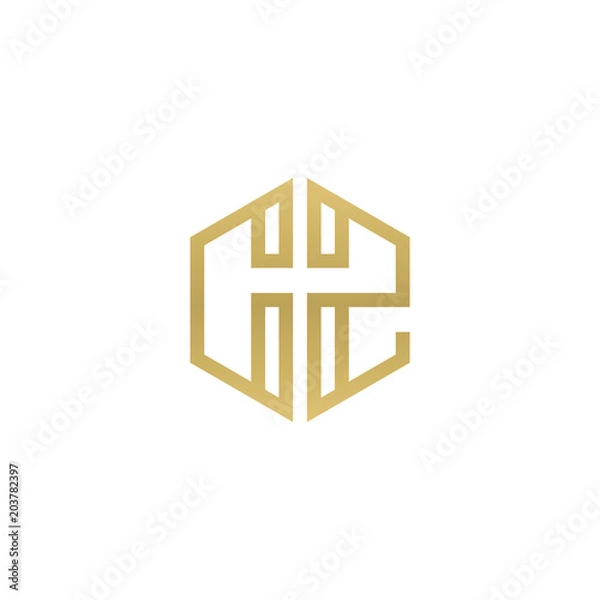 Fototapeta Initial letter CZ, minimalist line art hexagon shape logo, gold color