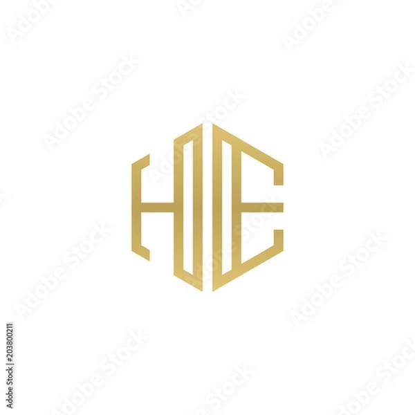 Fototapeta Initial letter HE, minimalist line art hexagon shape logo, gold color