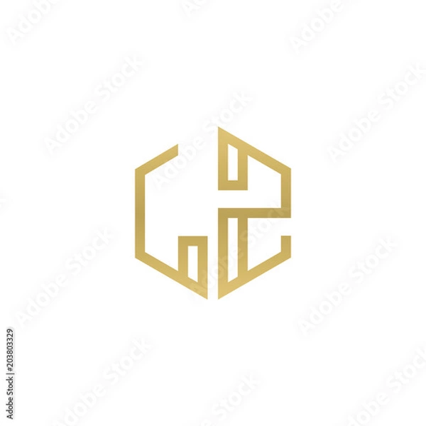 Fototapeta Initial letter LZ, minimalist line art hexagon shape logo, gold color