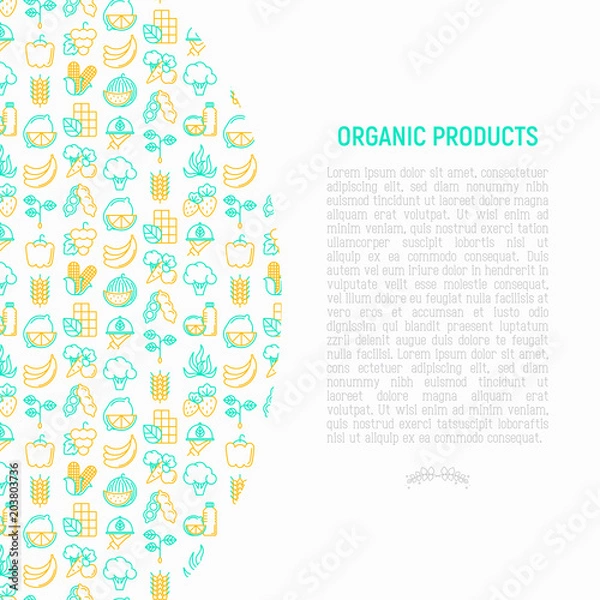 Fototapeta Organic products concept with thin line icons: corn, peas, raw cafe, broccoli, grapes, sprouts, seaweed, watermelon, bananas, fresh juice. strawberry. Modern vector illustration for vegetable shop.