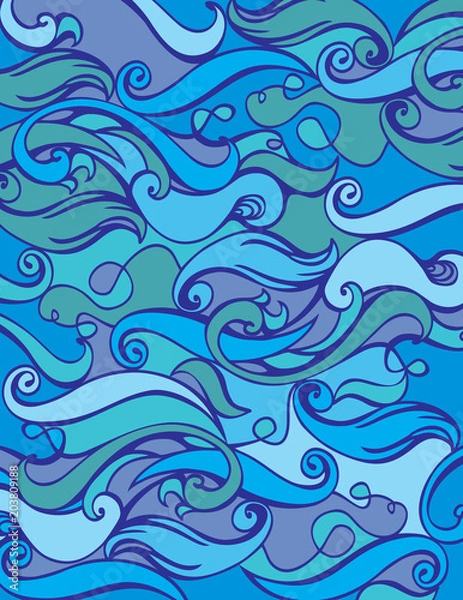 Fototapeta Vector Color Hand drawing Wave Sea Background. Abstract ocean texture. Textile with wave motives.