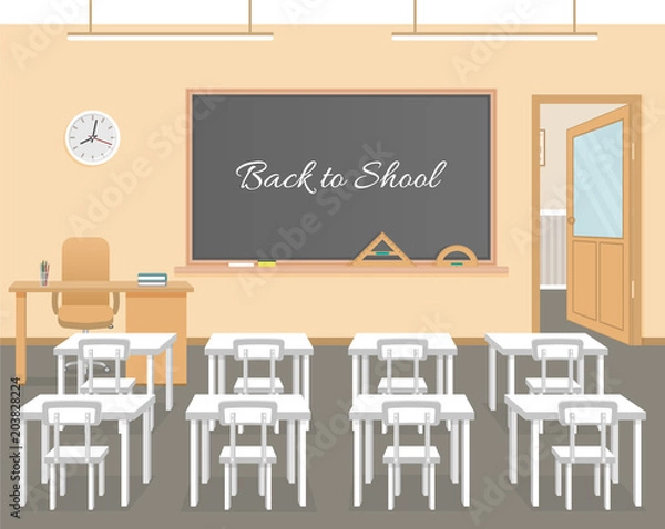 Fototapeta School classroom with chalkboard, white student desks and teacher's desk. School class room interior design.