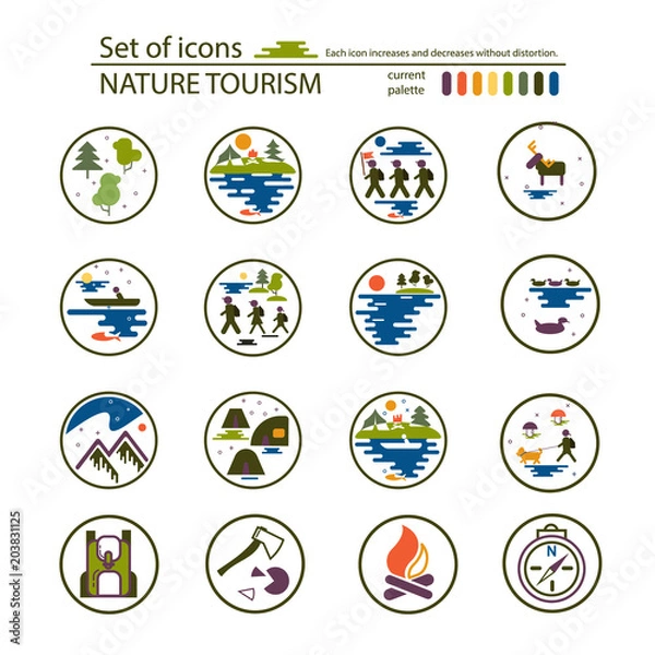 Obraz Set of linear icons. Walking and street, nature, mountains, forest. Hiking, tourist and a group of tourists. Base camp and accessories. A set of icons for camping. Natural tourism