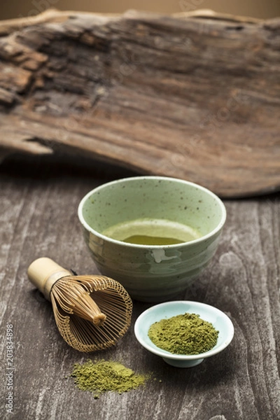 Obraz Tea set for matcha on wooden table