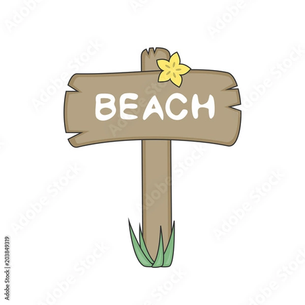 Fototapeta Beach sign on wood board vector illustration. Summer time card.