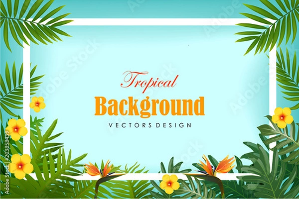 Fototapeta Exotic tropical leaf and frower border background in greeting template.