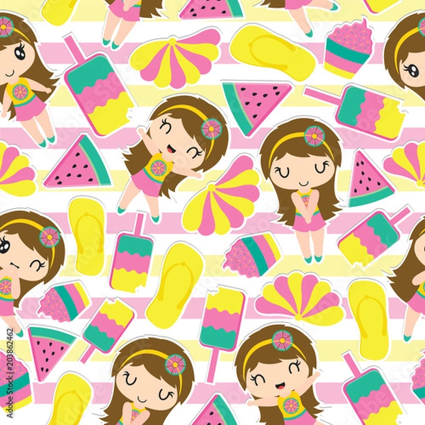 Fototapeta Seamless pattern of cute girl and summer elements on striped background vector cartoon illustration for kid wrapping paper, kid fabric clothes, and wallpaper