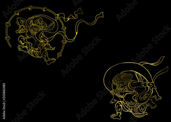 Obraz 版権切れ有名絵画の模写「風神雷神図」蒔絵風