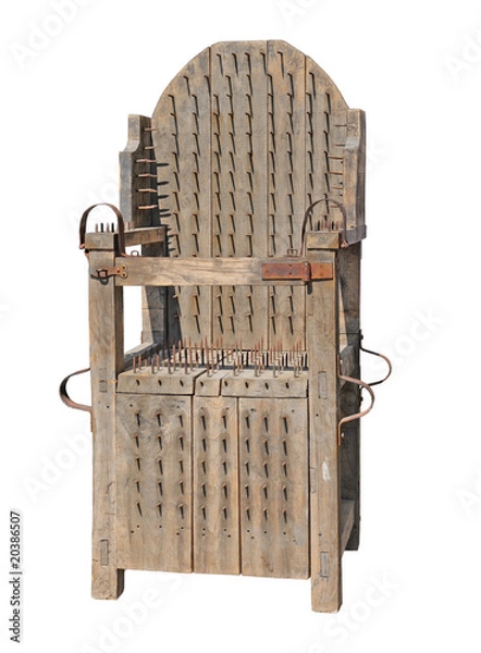 Fototapeta The ancient armchair for tortures isolated on a white