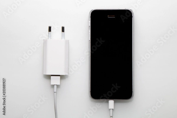 Fototapeta Black smartphone, adapter and cable on a white background