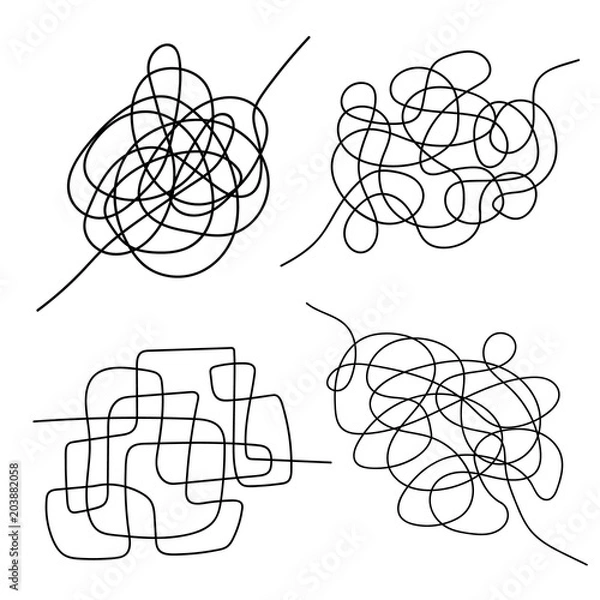 Fototapeta Set of hand drawn tangle scrawl sketch. Black line abstract scribble shape. Vector tangled chaotic doodle circle and square  scribble drawing. Thread clew knot isolated on white background.