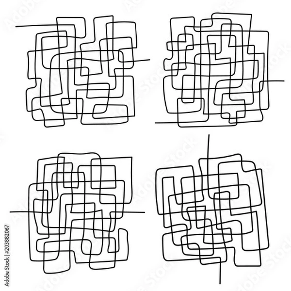 Fototapeta set of black line abstract scribble shape. Hand drawn tangle scrawl sketch. Vector tangled chaotic doodle circle and square  scribble drawing. Thread clew knot isolated on white background.