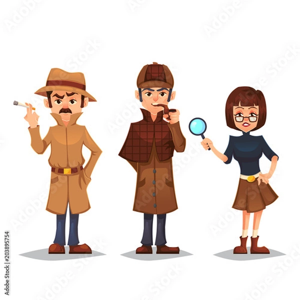 Fototapeta Set of detective character man smoking pipe noir detective smok cigarette design, spy woman with magnifying glass cartoon flat style, vector color illustration