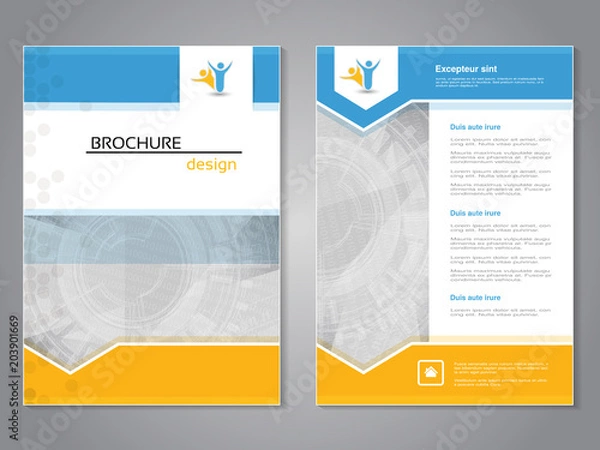 Fototapeta Vector modern brochure, abstract flyer with technology background. Layout template. Aspect Ratio for A4 size. Poster of blue, yellow and white color. Magazine cover.