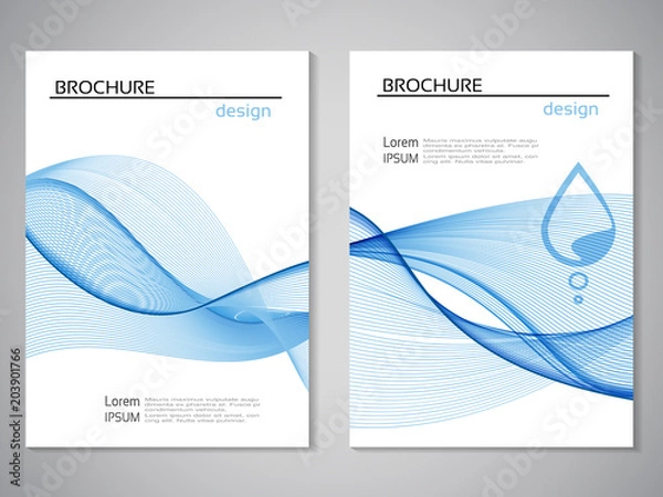 Fototapeta Vector nature brochure, design of water, blue white flyer, abstract wave design with water drop. Layout template for A4 size. Poster with pure line design. Magazine, book cover.