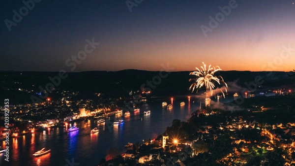 Obraz Rhine in Flames (Bonn 2018) - Fireworks next to the Rhine - View from "Erpeler Ley"