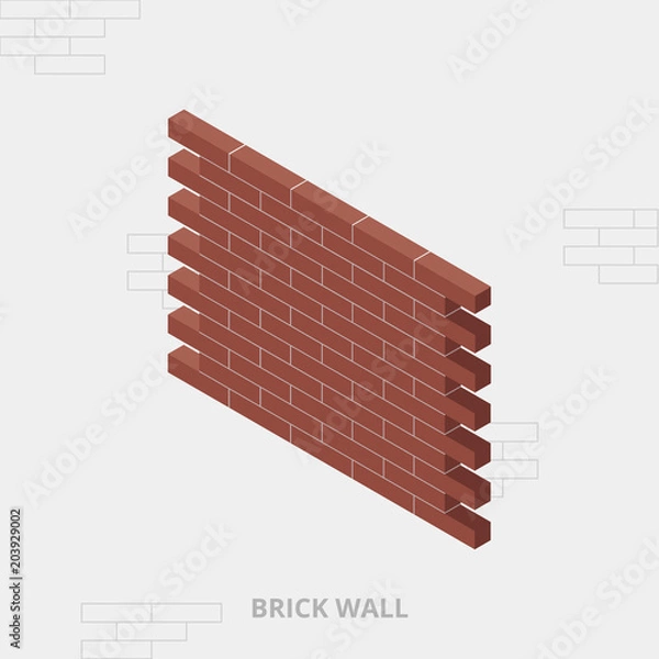 Obraz Isometric red brick wall, Vector illustration, 3D view. Brick wall texture