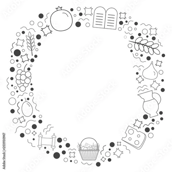 Obraz Frame with Shavuot holiday flat design black thin line icons