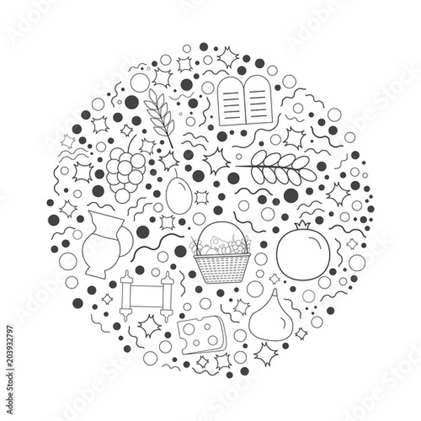 Obraz Shavuot holiday flat design black thin line icons set in round shape