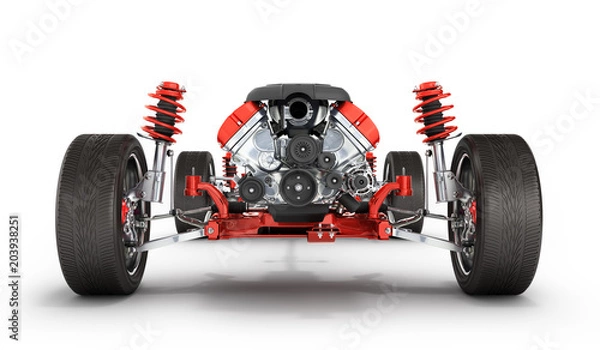 Fototapeta Undercarriage in detail Suspension of the car with wheel and engine isolated on white background 3d