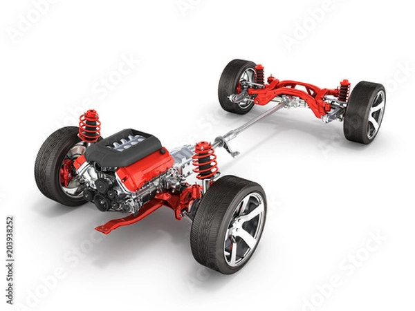 Obraz Undercarriage in detail Suspension of the car with wheel and engine isolated on white background 3d