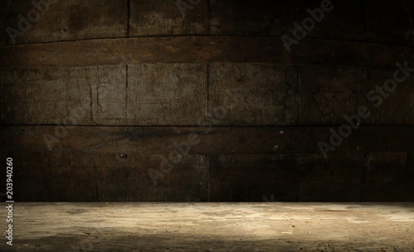 Fototapeta background of barrel and worn old table of wood