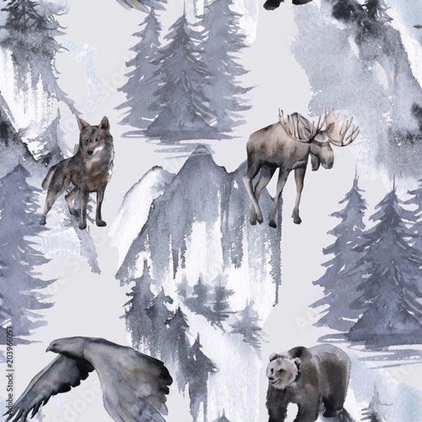 Obraz Background with an eagle, a bear, an elk and a wolf. Seamless pattern. 