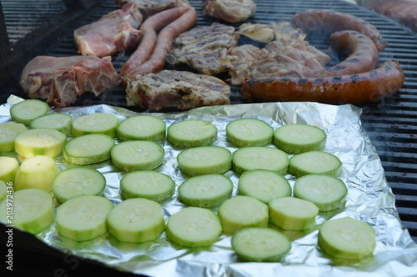 Obraz Meat on barbecue with vegetable