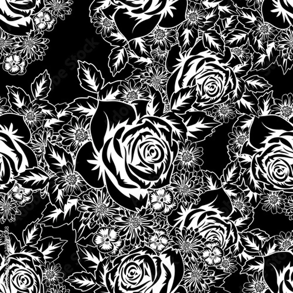 Fototapeta seamless monochrome pattern of flowers for greeting cards, background, price tags