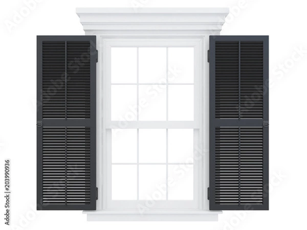 Fototapeta open white window with black doors fonrt view isolated on a white background 3d rendering