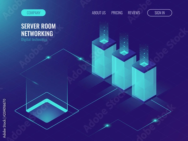 Fototapeta Server room banner, web hosting and processing of big data concept, ultraviolet isometric vector illustration