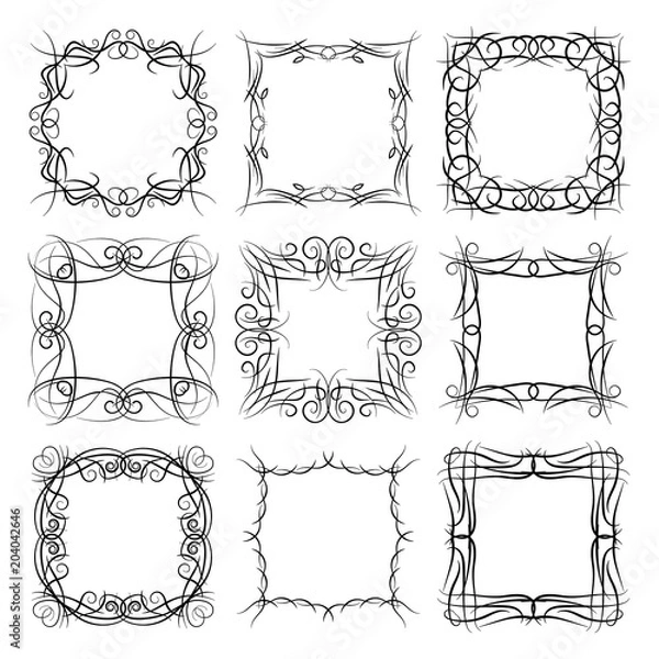 Fototapeta Set of nine square black monogram elements on a white background. Vector illustration.
