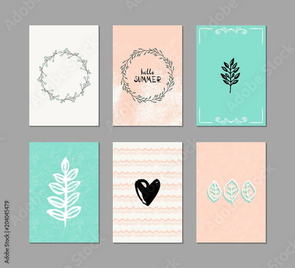 Fototapeta Set of 6 creative greeting cards. Hand-drawn inky patterns.