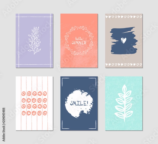 Fototapeta Set of 6 creative greeting cards. Hand-drawn inky patterns.