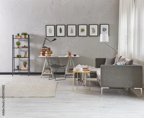 Fototapeta grey living room and office together in the apartment cozy room frame and bookcase decoration.