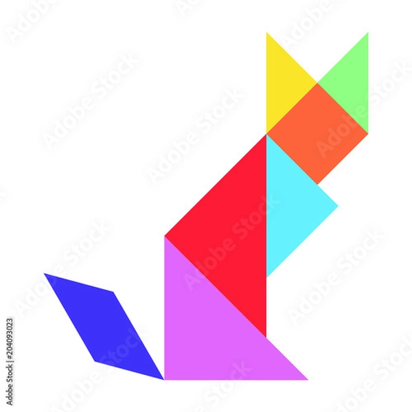 Fototapeta Colorful tangram puzzle in cat shape on white background (vector)