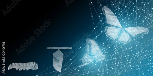 Obraz Tło piękne abstrakcyjne innowacje transformacji biznesowej. Zmień się z wysokiej technologii, takiej jak cykl życia motyla. sugerować z powodzeniem przyszłość koncepcji rozwoju biznesu lub innej transformacji