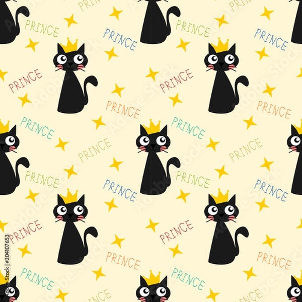 Fototapeta Cute black cat and crown seamless pattern