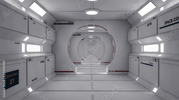 Fototapeta 3D Render. Futuristic spaceship interior corridor