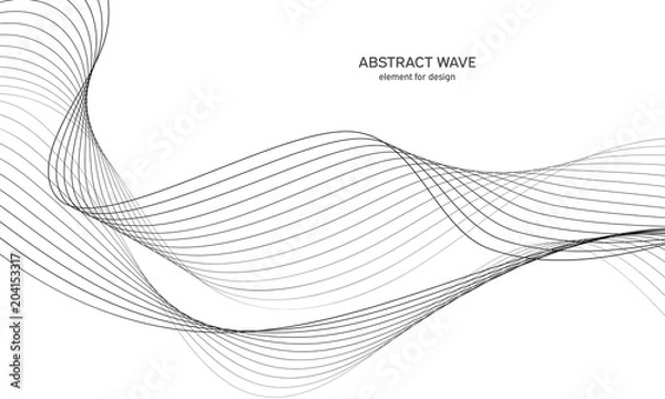 Obraz Abstract wave element for design. Digital frequency track equalizer. Stylized line art background. Vector illustration. Wave with lines created using blend tool. Curved wavy line, smooth stripe.